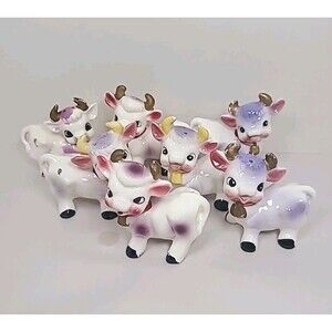 Set Of 7 Vintage Elsie Purple Cow Salt and Pepper Shakers Kitsch Kitchen Decor